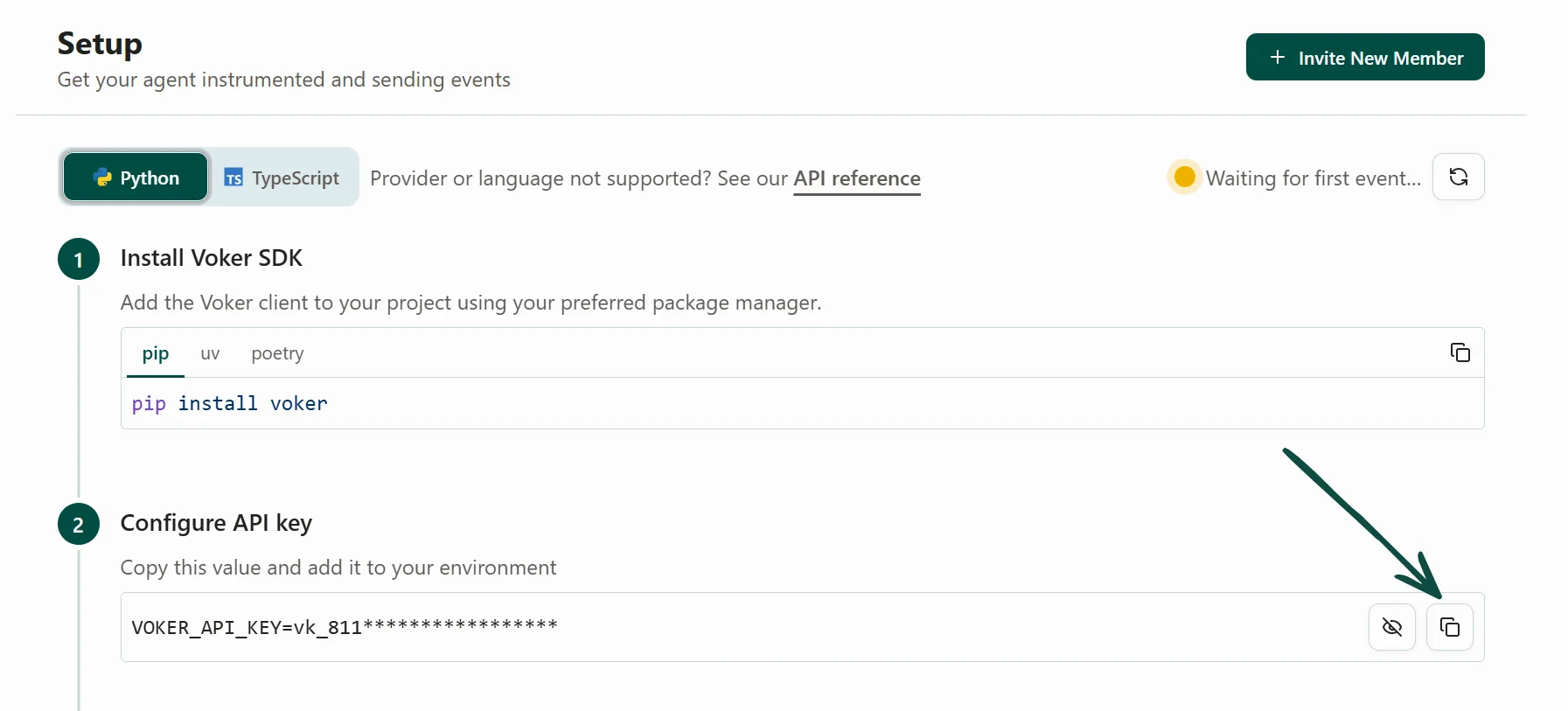 Screenshot of the Voker API key setup page