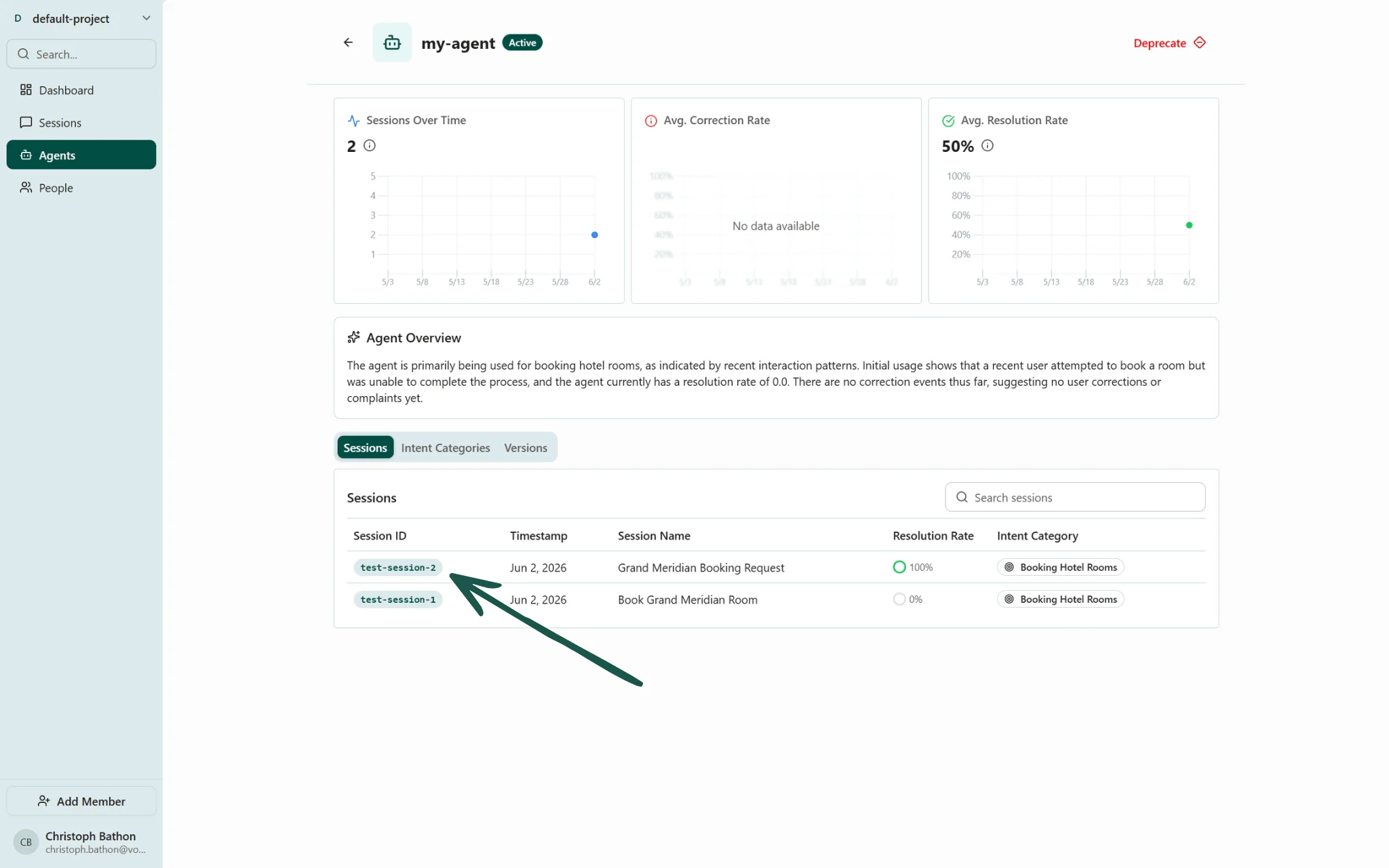 Screenshot of the Agent details page on the Voker platform