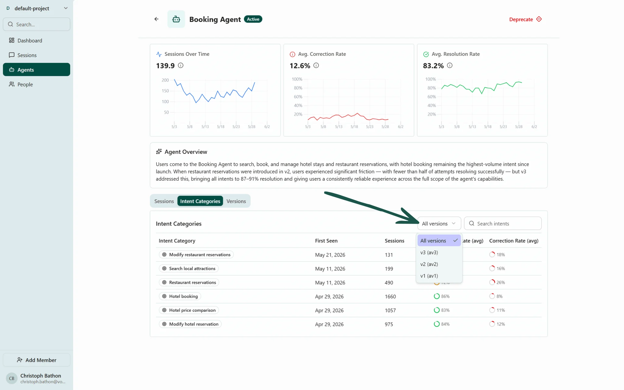 Screenshot of the Agent details page on the Voker platform - Intent Categories tab