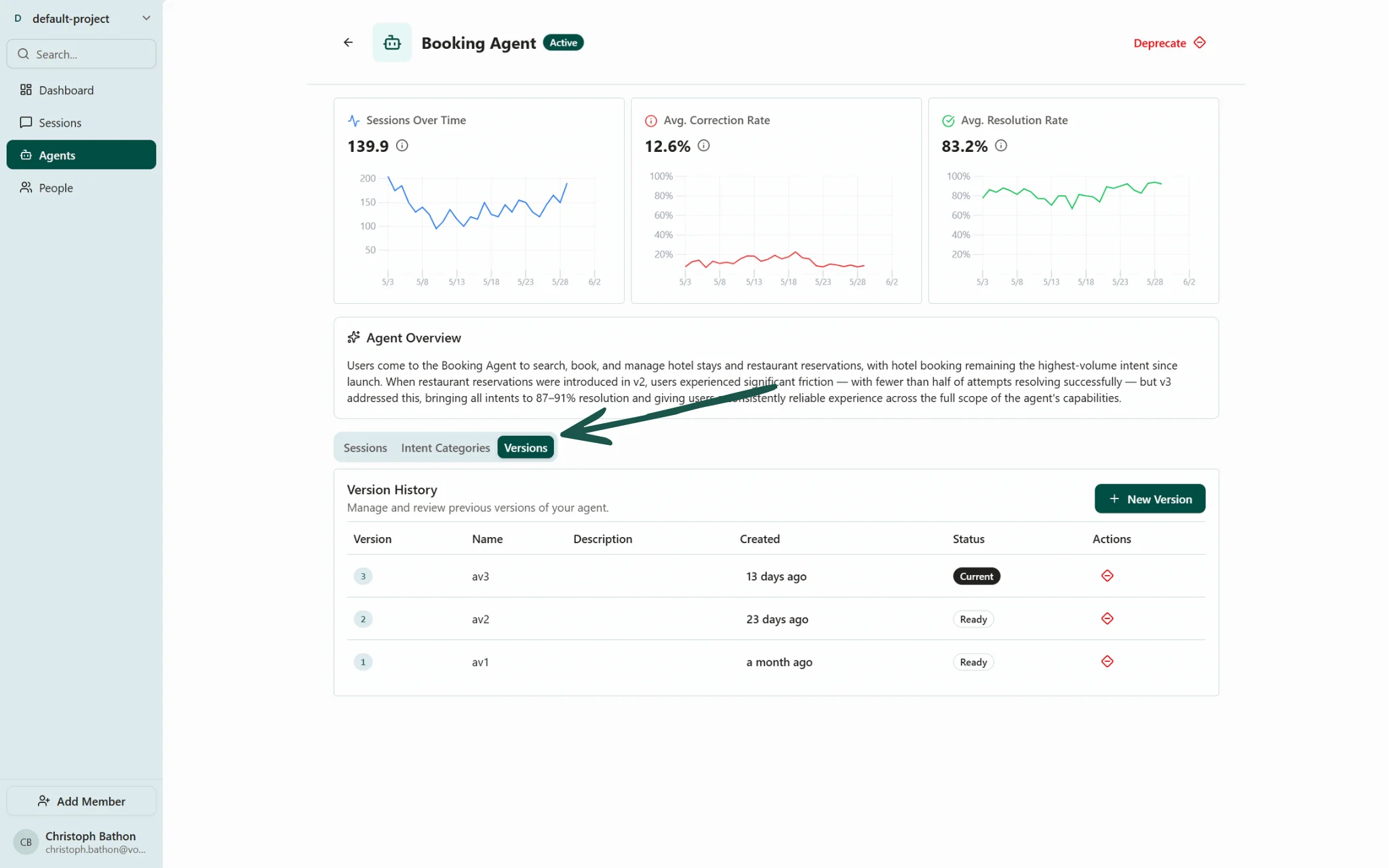 Screenshot of the Agent details page on the Voker platform - Versions tab