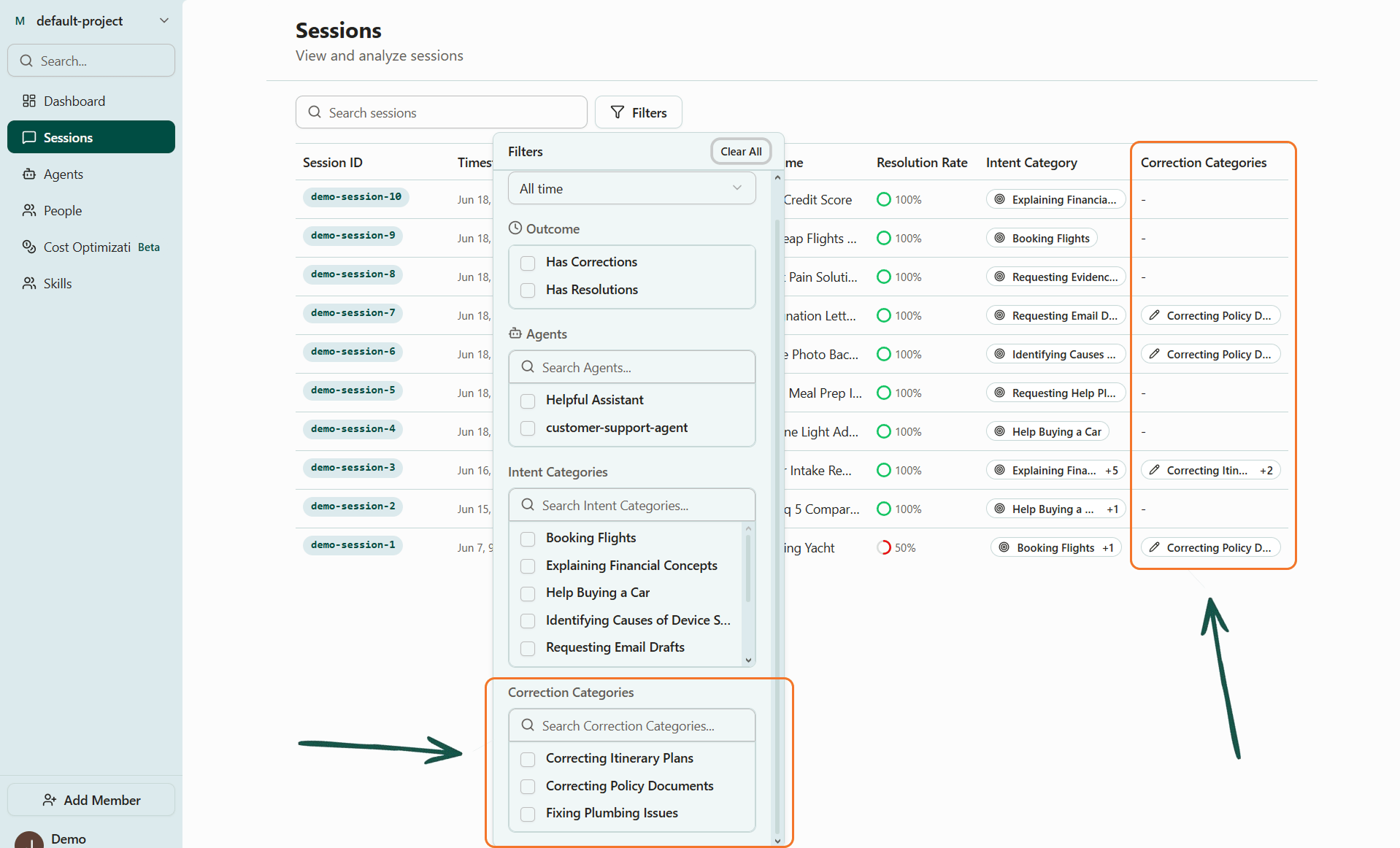 Sessions page with correction category filters and columns