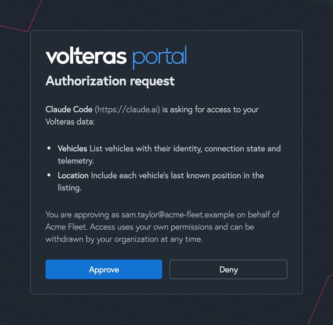 The Authorization request page in the Volteras Portal, with Approve and Deny buttons