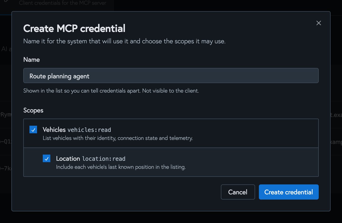 The Create MCP credential dialog with a name field and scope checkboxes