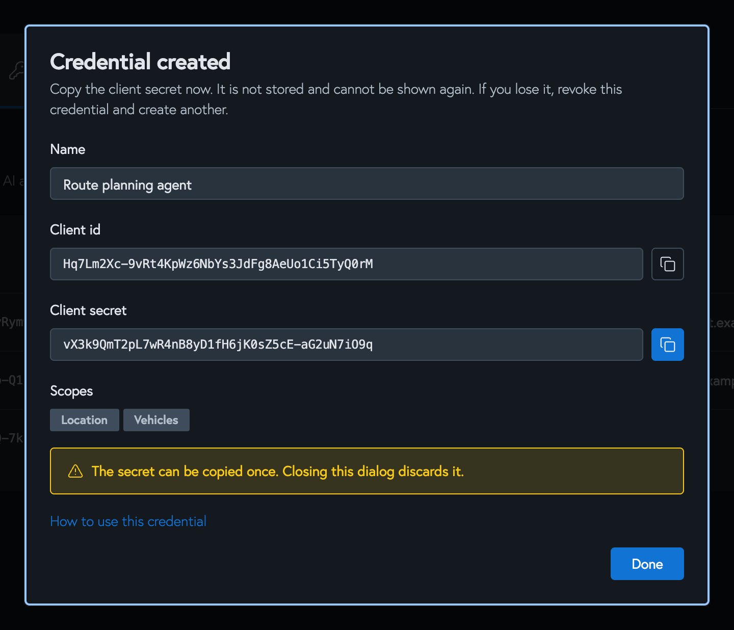 The Credential created dialog showing the client ID and client secret