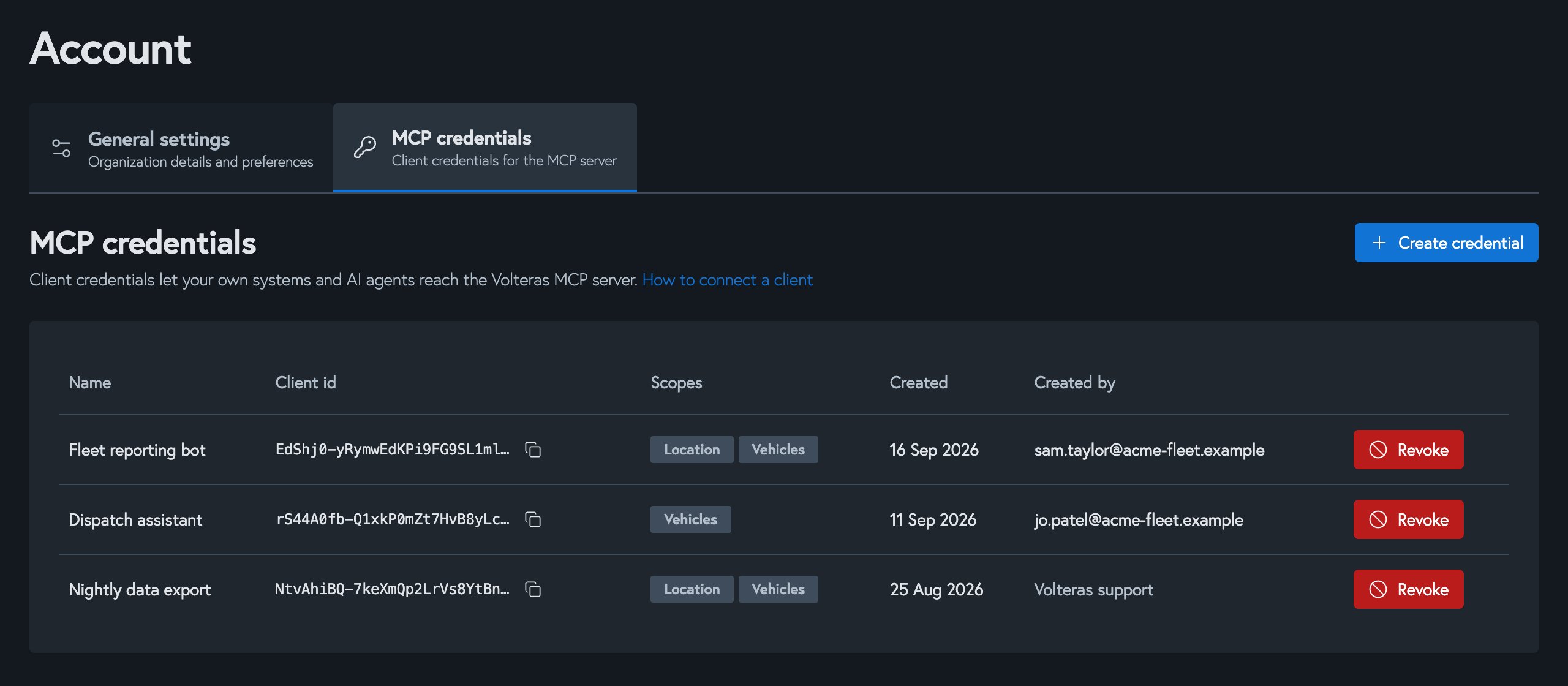 The MCP credentials page under Account in the Volteras Portal