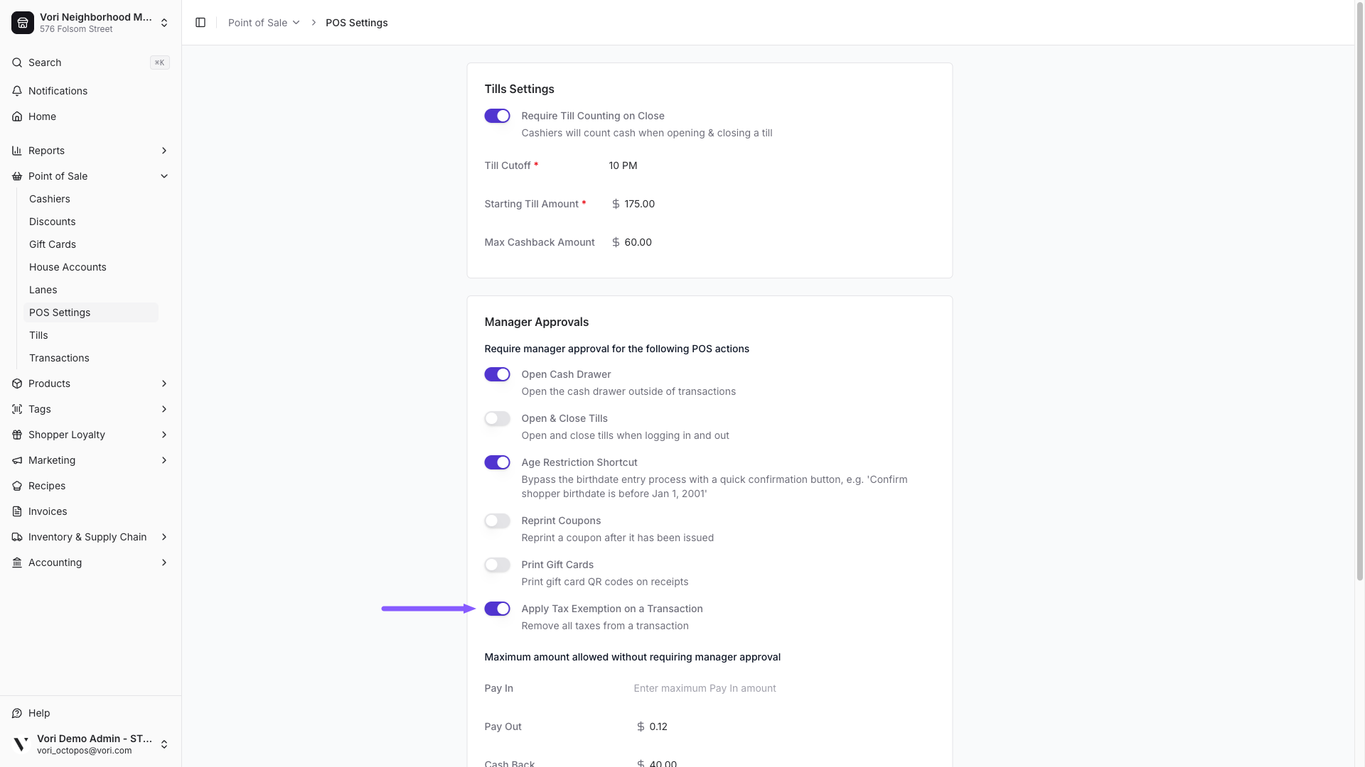 POS Settings Manager Approvals section with the Apply Tax Exemption on a Transaction toggle highlighted