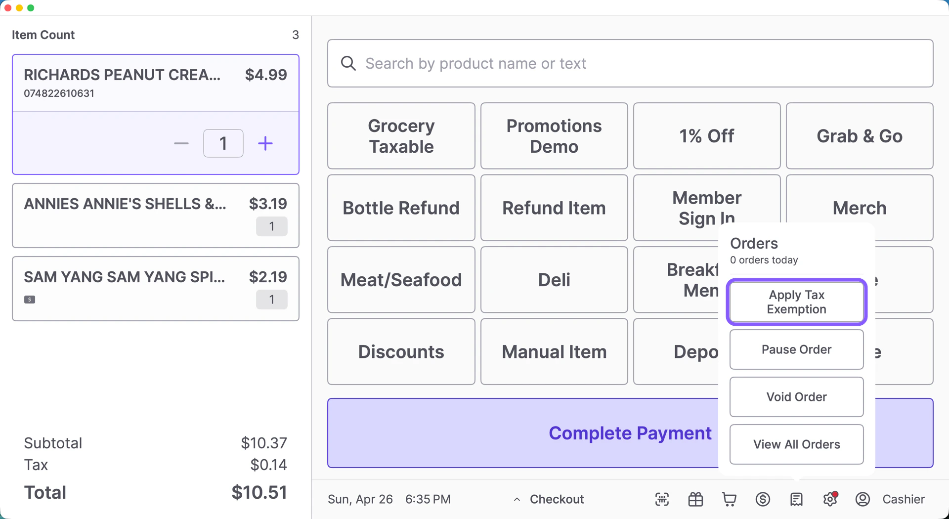 VoriPOS basket with the Orders popover open and the Apply Tax Exemption button highlighted