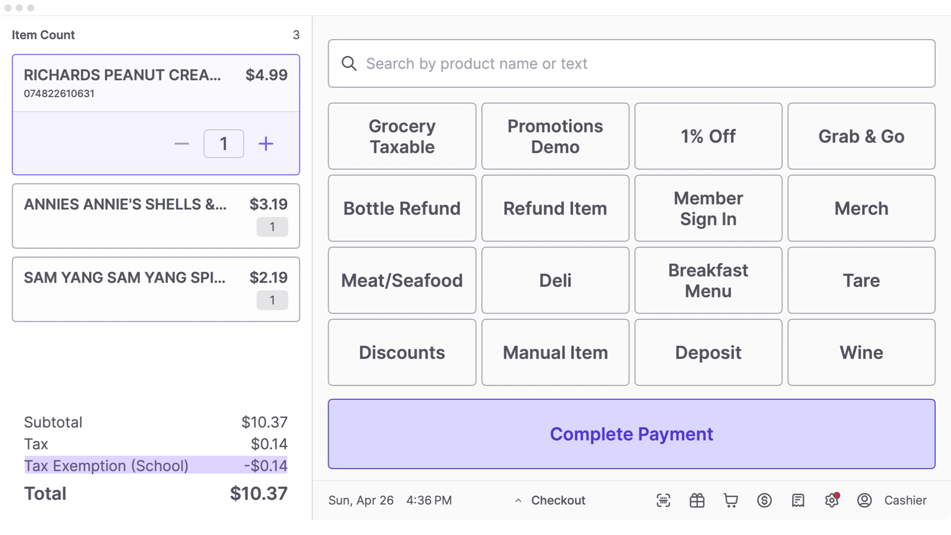 VoriPOS basket totals breakdown showing a Tax Exemption (School) line with a negative amount