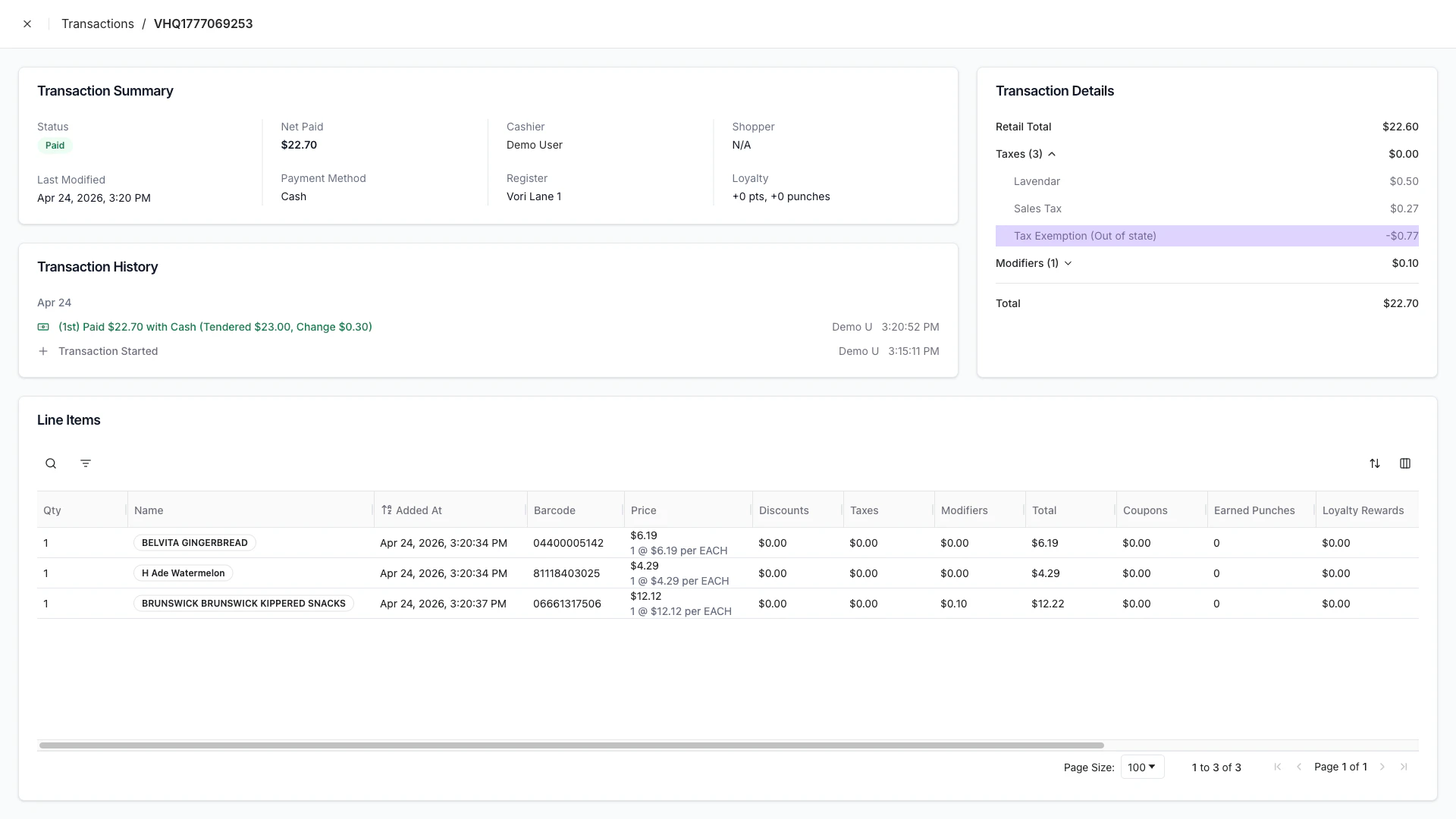 Back Office transaction detail with the Taxes section expanded and the Tax Exemption (School) line highlighted