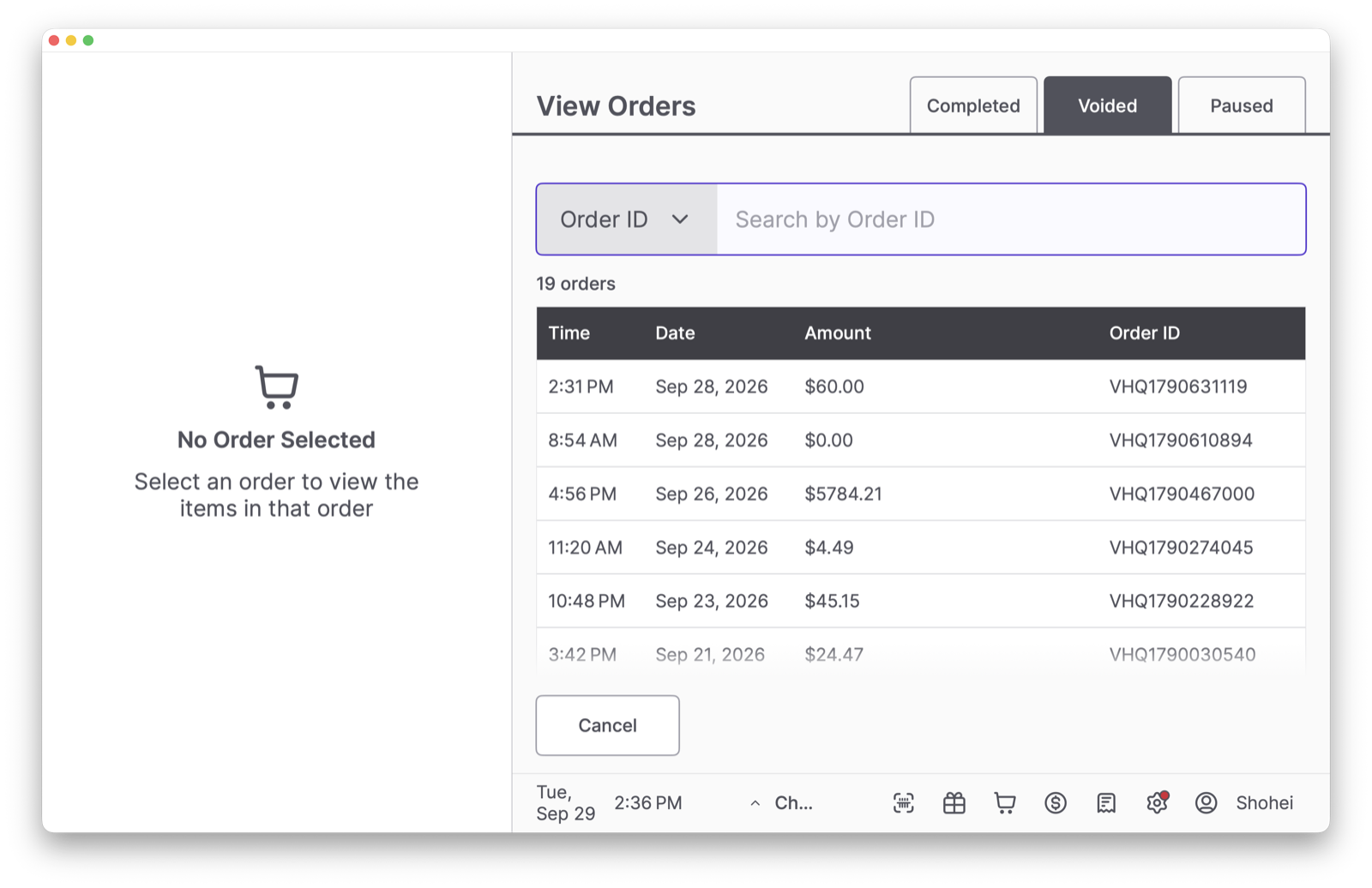 View Orders screen with the Voided tab selected, listing voided orders by time, date, amount, and Order ID