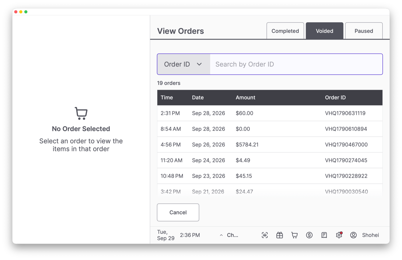 View Orders screen with the Voided tab selected, listing voided orders by time, date, amount, and Order ID