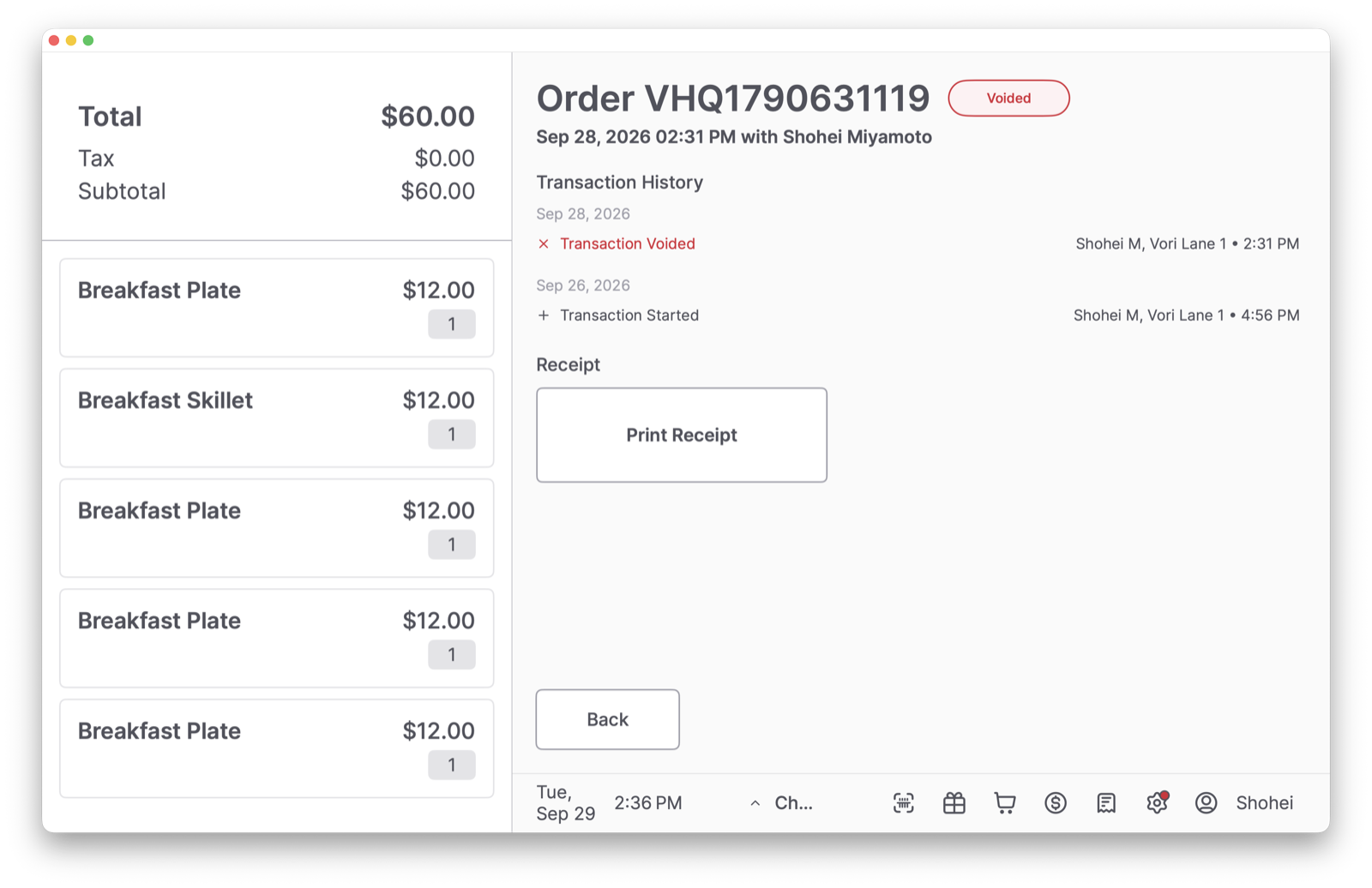 Voided order detail with a Voided label, Transaction History, and a Print Receipt button