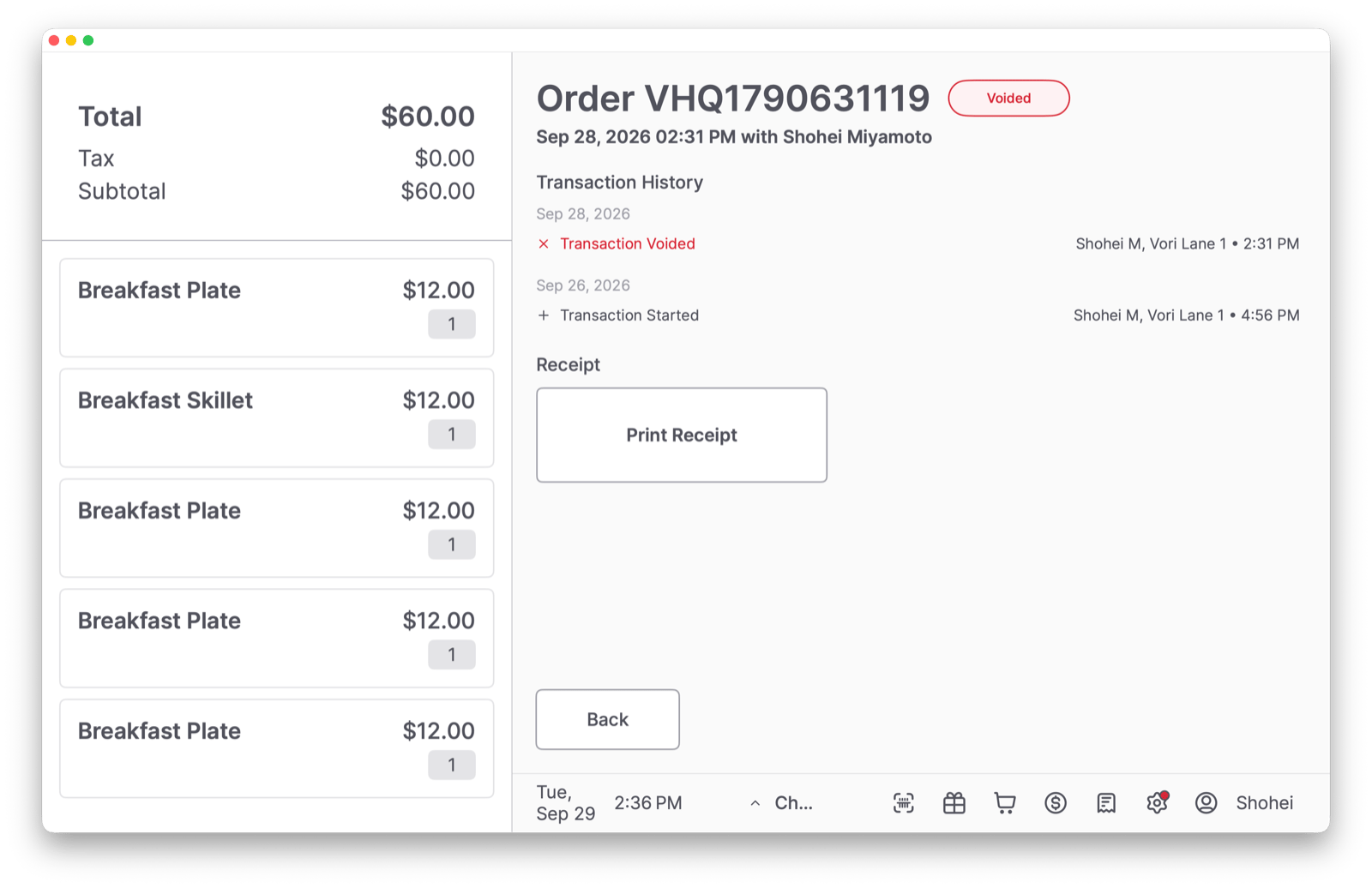 Voided order detail with a Voided label, Transaction History, and a Print Receipt button