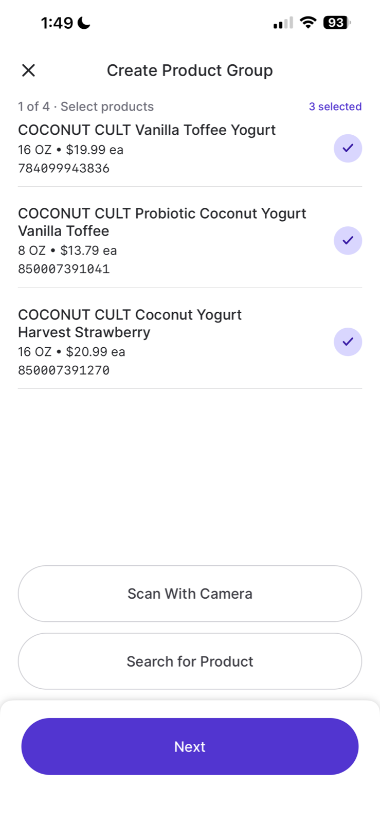 Select products screen on the handheld with three COCONUT CULT items checked