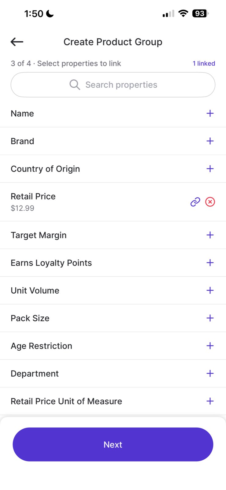 Select properties to link screen showing Retail Price linked at $12.99
