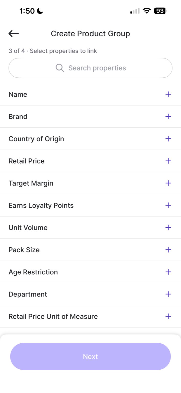 Select properties to link screen on the handheld listing Name, Brand, Retail Price, and other attributes