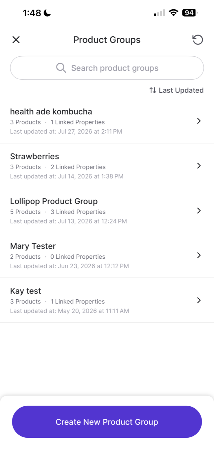 Product Groups list on the handheld showing existing groups and the Create New Product Group button