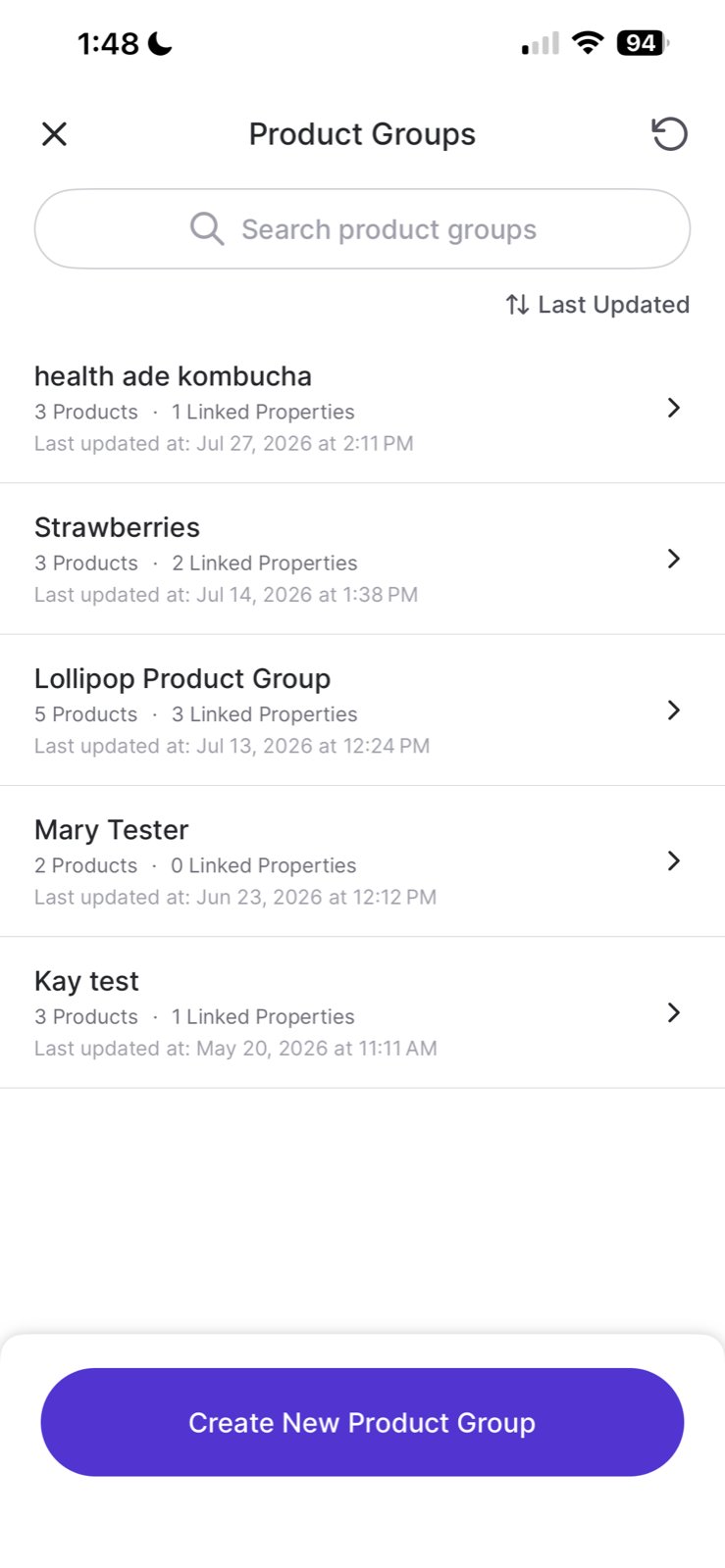 Product Groups list on the handheld showing existing groups and the Create New Product Group button