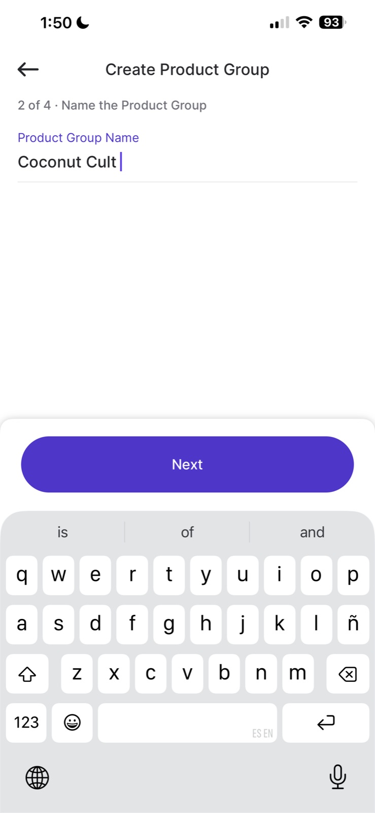 Name the Product Group screen on the handheld with "Coconut Cult" entered