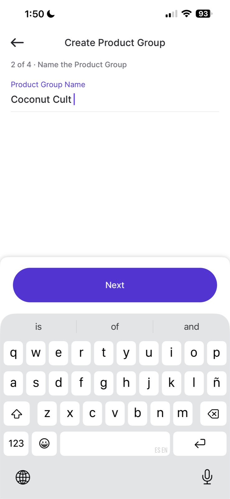 Name the Product Group screen on the handheld with "Coconut Cult" entered