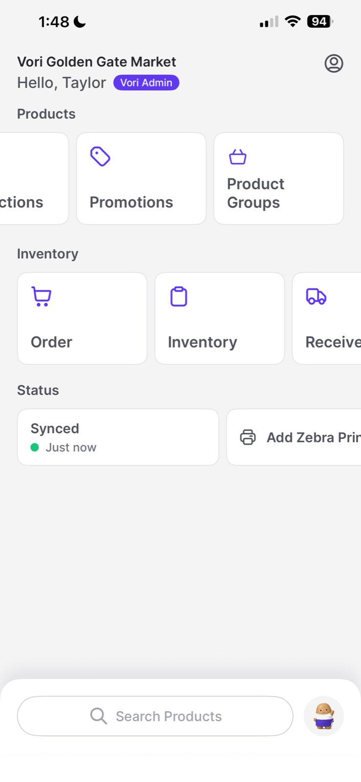 Vori Golden Gate Market home screen on the handheld with the Product Groups tile under Products