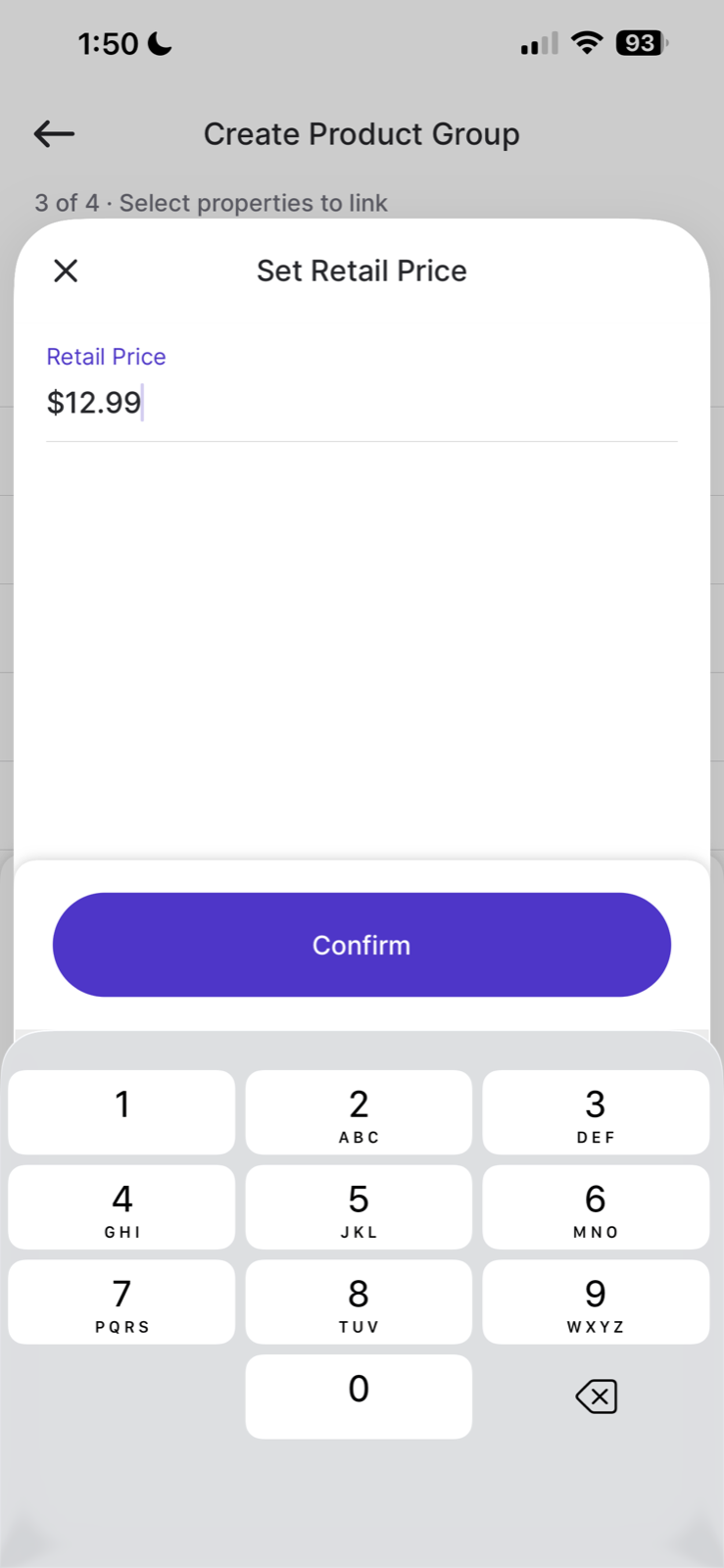 Set Retail Price pop-up on the handheld with $12.99 entered