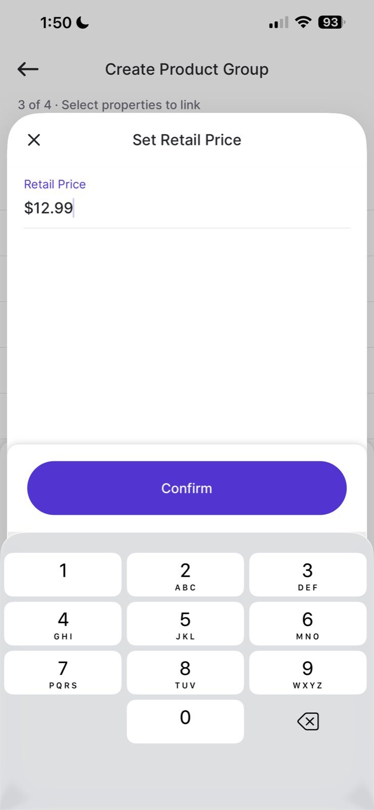 Set Retail Price pop-up on the handheld with $12.99 entered