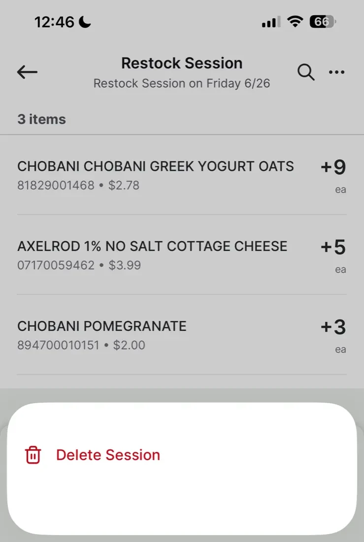 Active restock session showing three items with their quantity changes