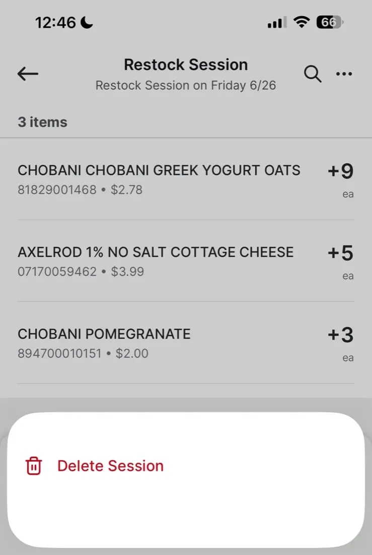 Active restock session showing three items with their quantity changes