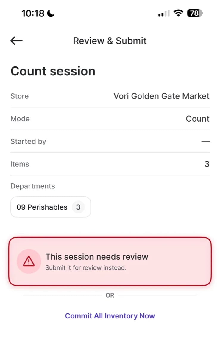 Review and Submit screen on VoriOS showing a This session needs review alert instead of committing directly