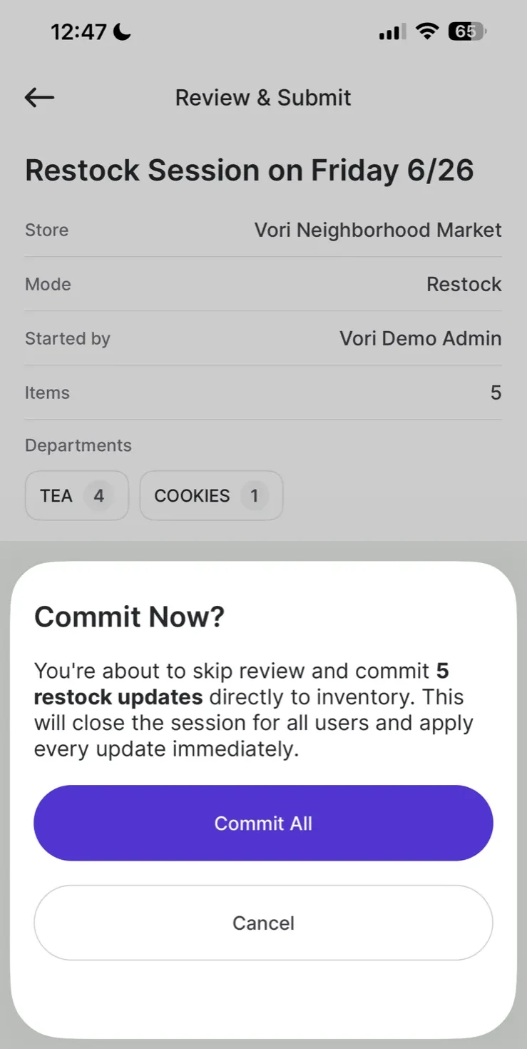 Commit Now confirmation modal explaining that all updates will be applied immediately