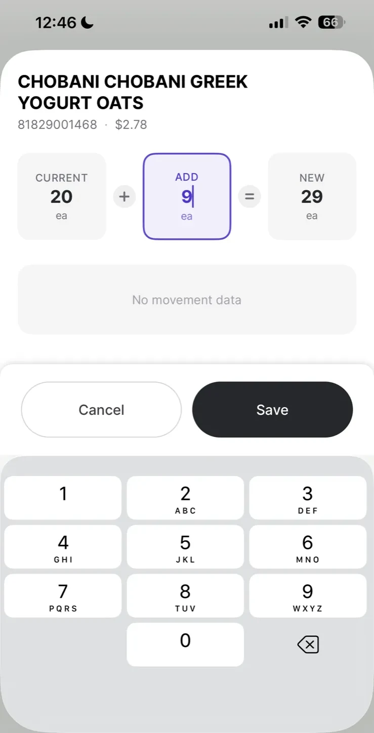 Item update screen for Chobani Greek Yogurt Oats showing Current 20, Add 9, New 29