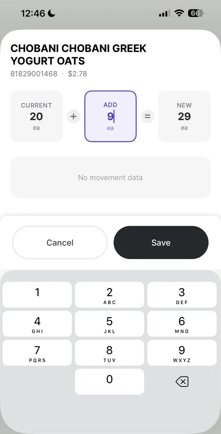 Item update screen for Chobani Greek Yogurt Oats showing Current 20, Add 9, New 29