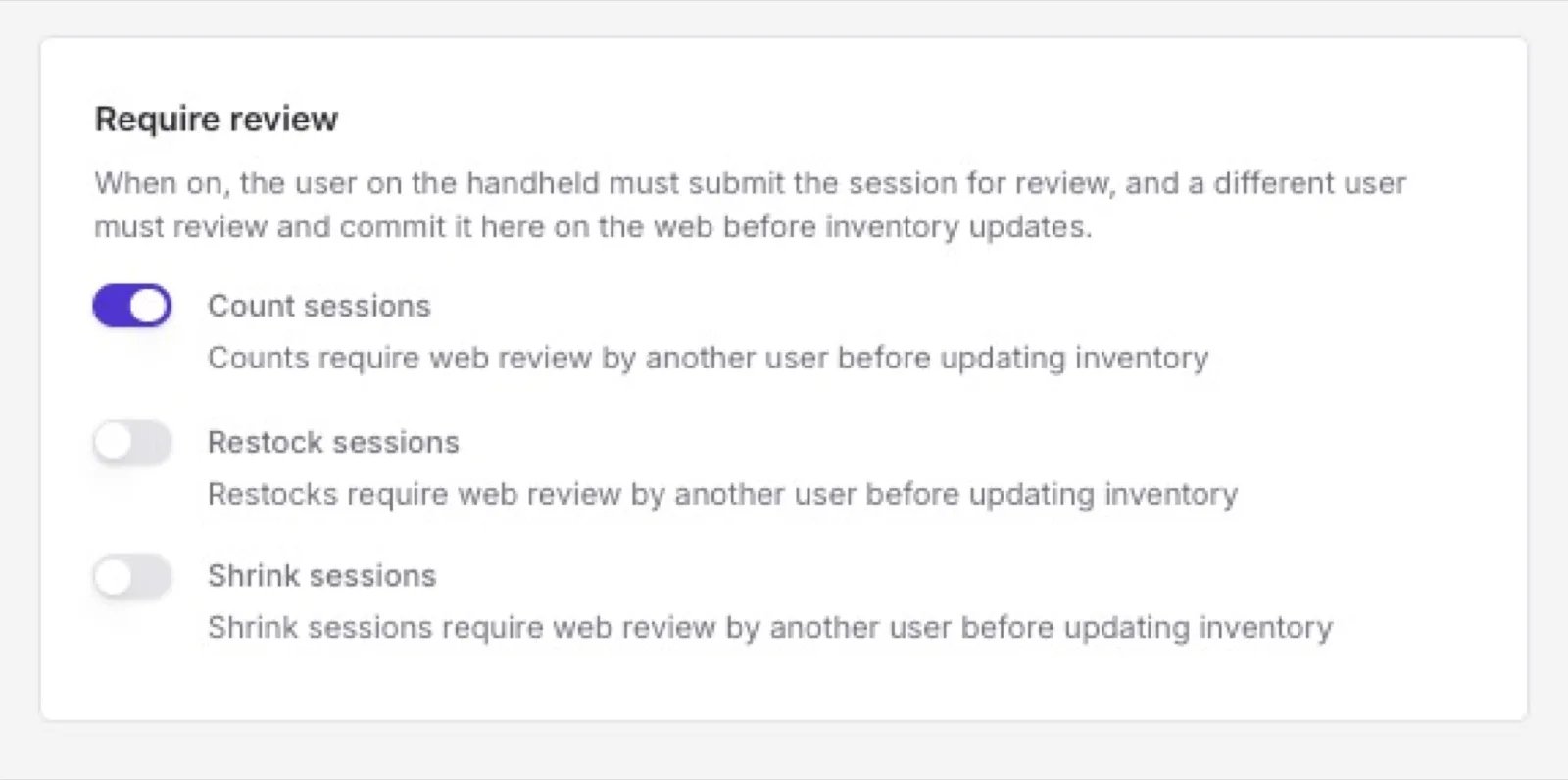 Require review settings panel with toggles for Count sessions, Restock sessions, and Shrink sessions
