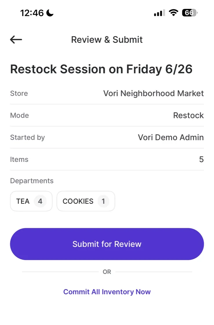 Review and Submit screen showing session summary with mode, store, started by, item count, and departments