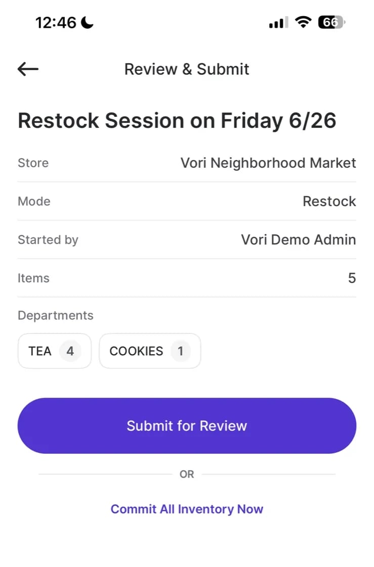 Review and Submit screen showing session summary with mode, store, started by, item count, and departments