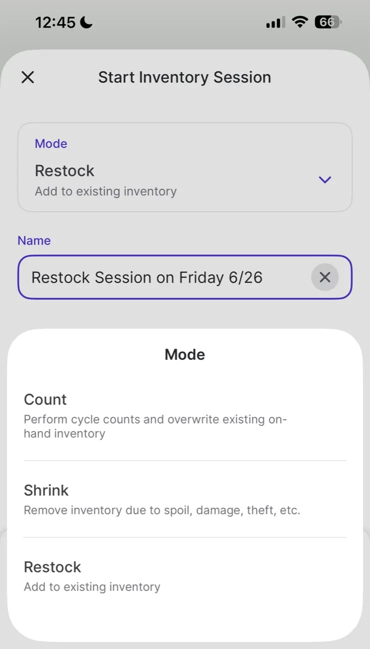 Start Inventory Session screen with the mode picker open, showing Count, Shrink, and Restock options