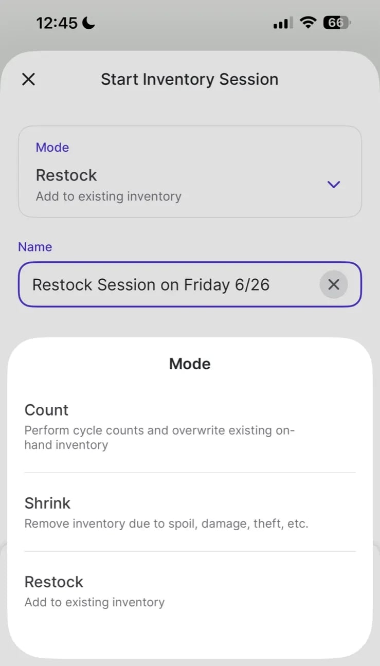 Start Inventory Session screen with the mode picker open, showing Count, Shrink, and Restock options