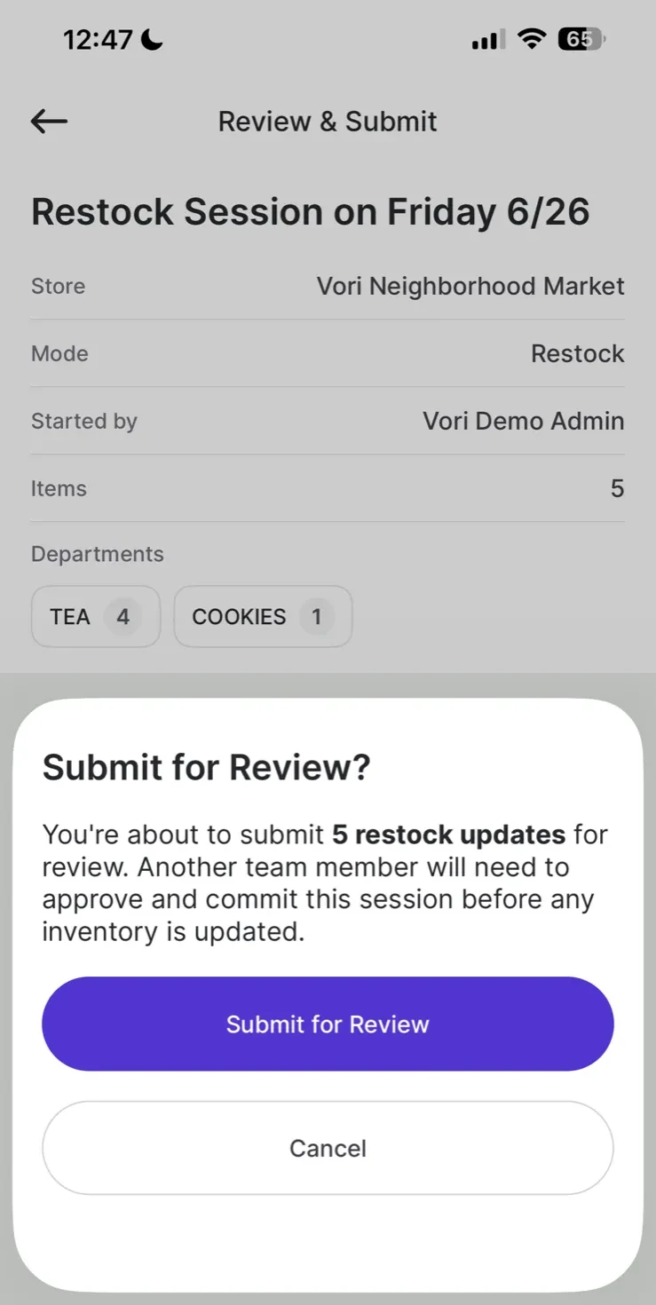 Submit for Review confirmation modal explaining that a team member must approve before inventory is updated