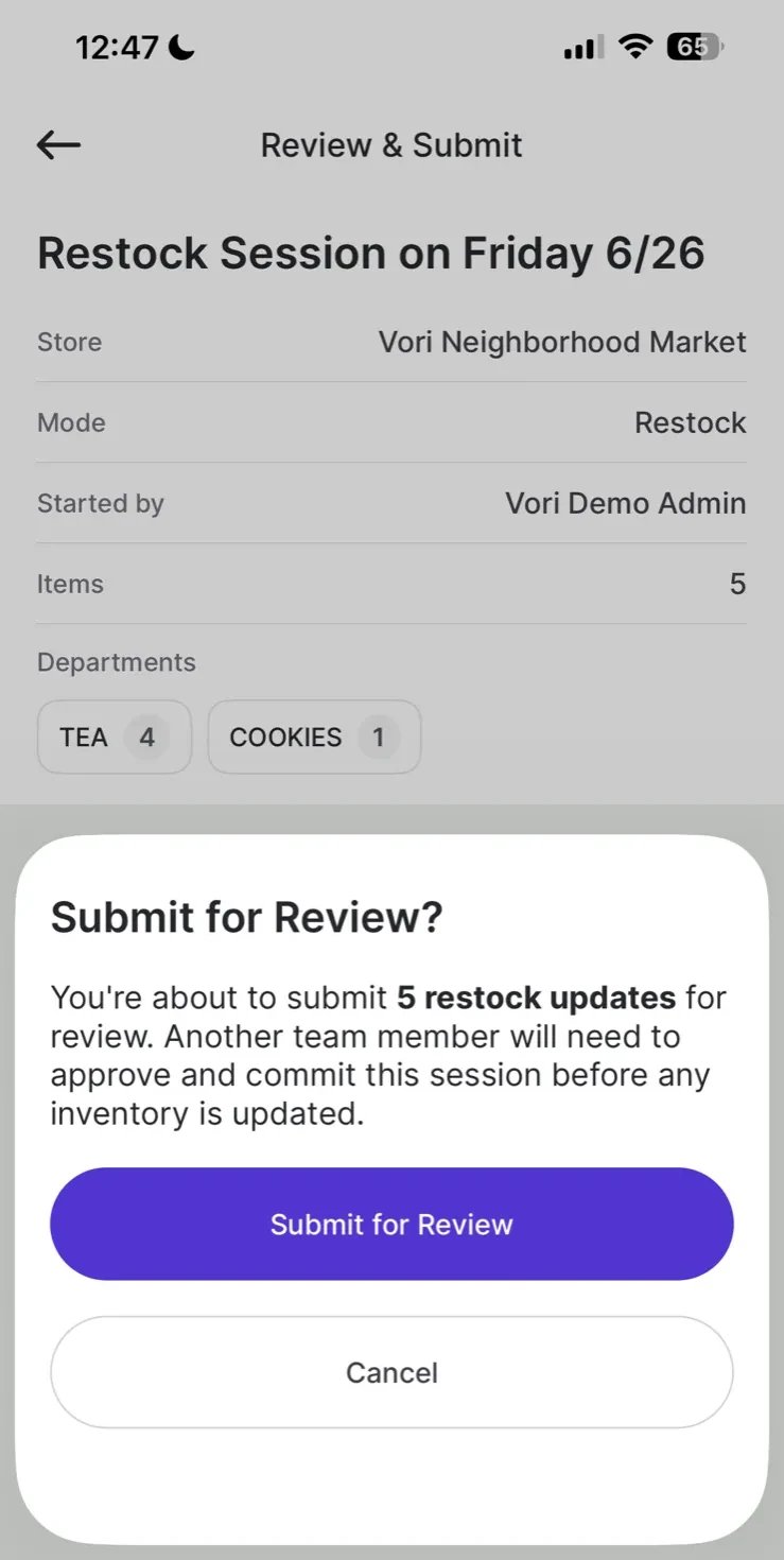 Submit for Review confirmation modal explaining that a team member must approve before inventory is updated