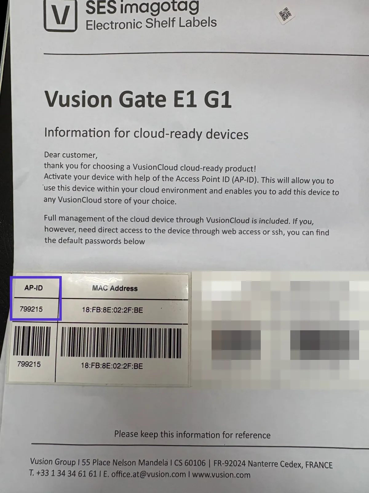 Vusion Gate information sheet with the AP-ID column highlighted