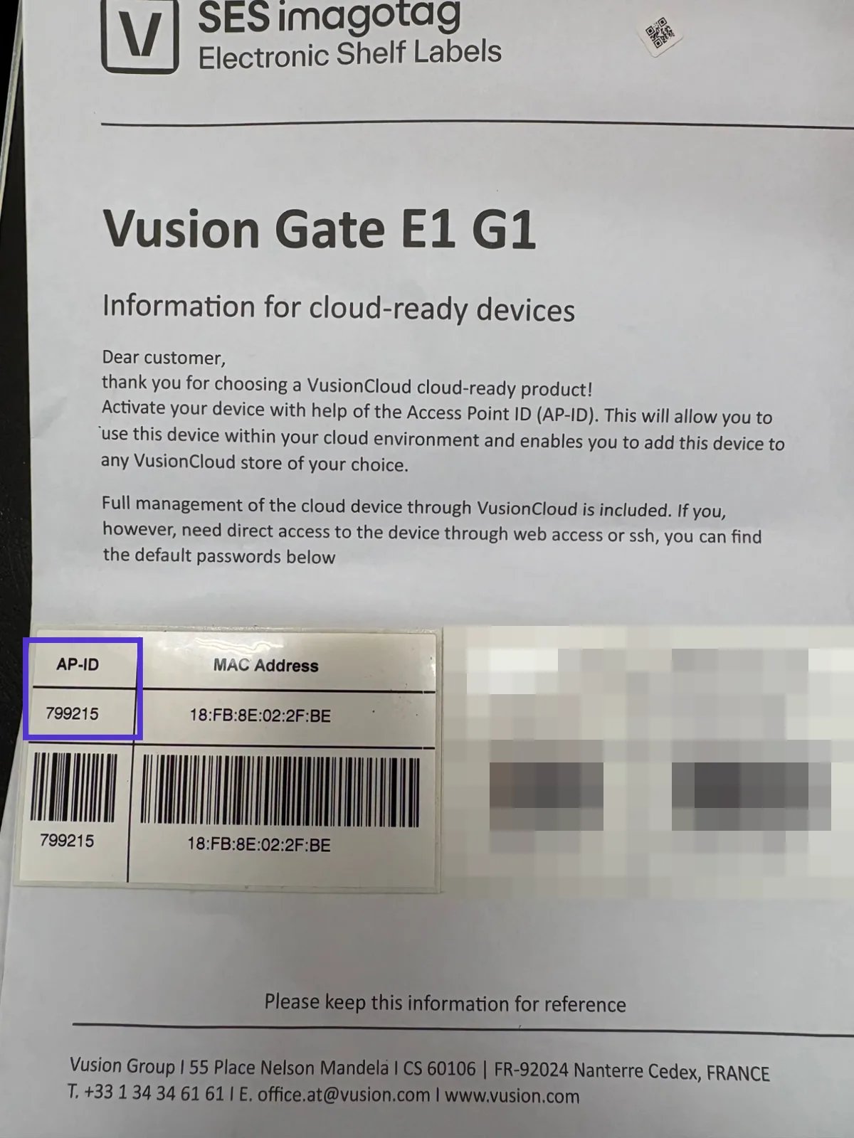 Vusion Gate information sheet with the AP-ID column highlighted
