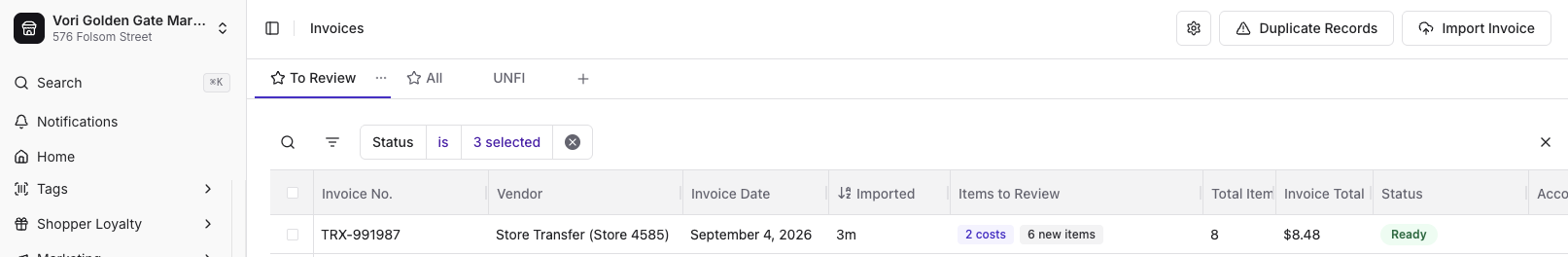 Invoices list at the receiving store showing a Ready invoice from vendor Store Transfer with items to review