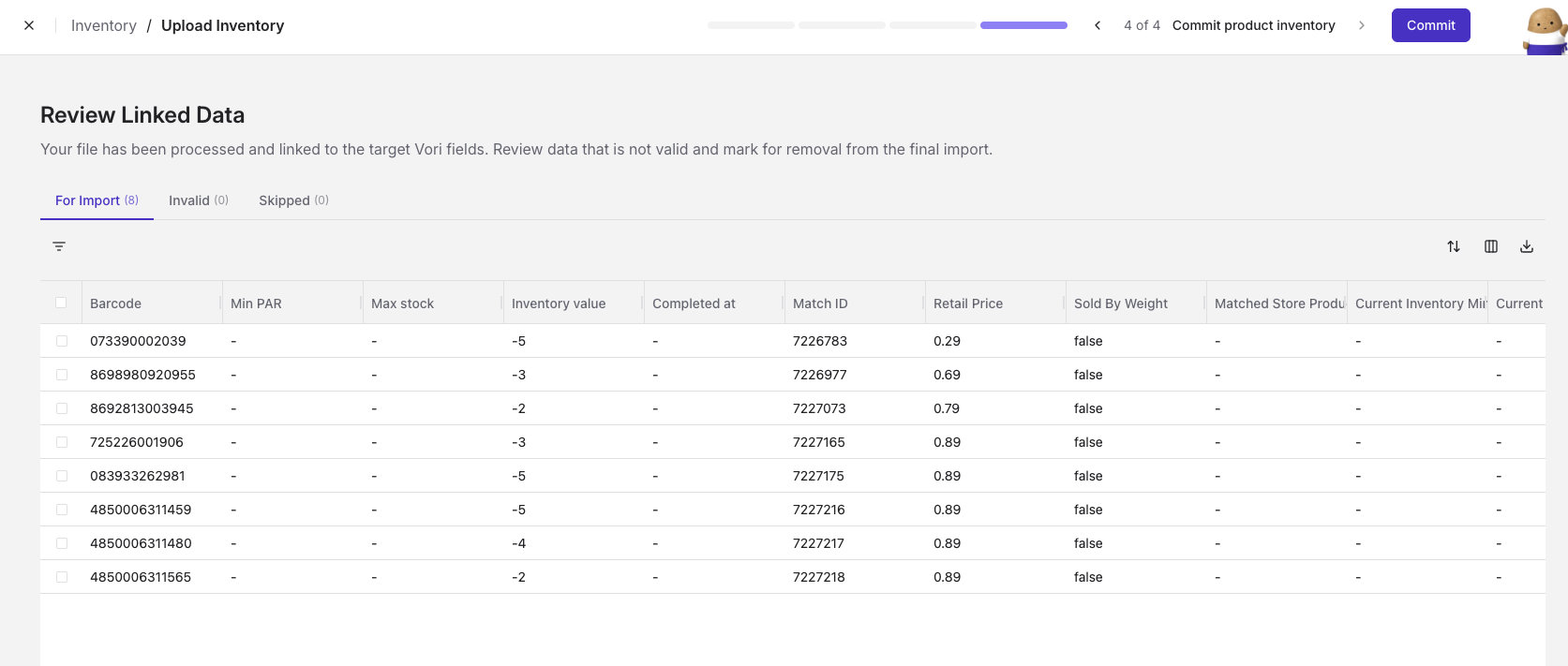 Review Linked Data screen showing the For Import tab with matched barcodes and their resulting inventory values