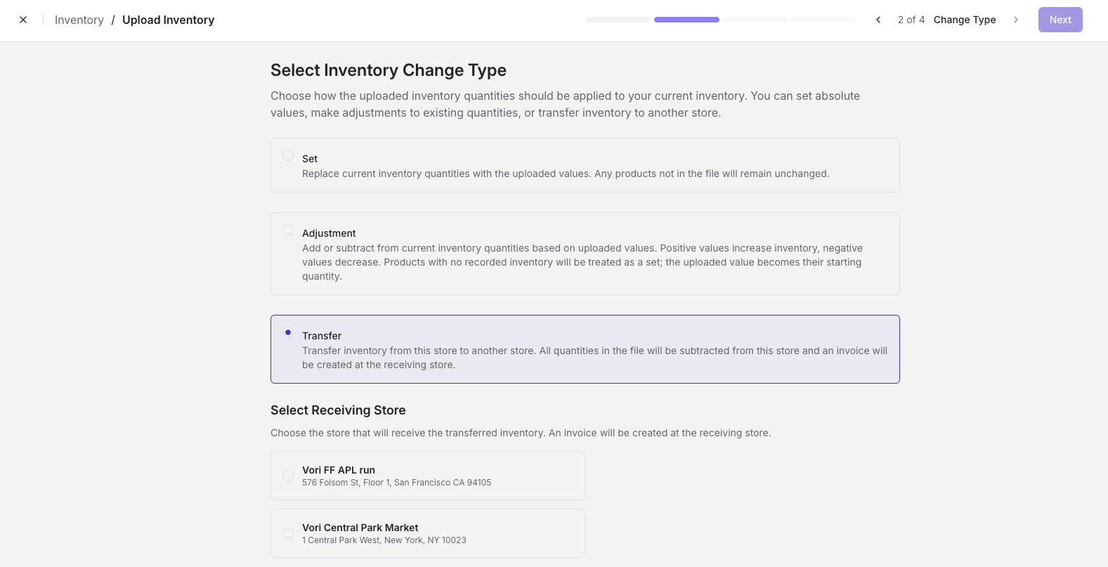 Select Inventory Change Type screen with Transfer selected and the Select Receiving Store list showing two stores to choose from