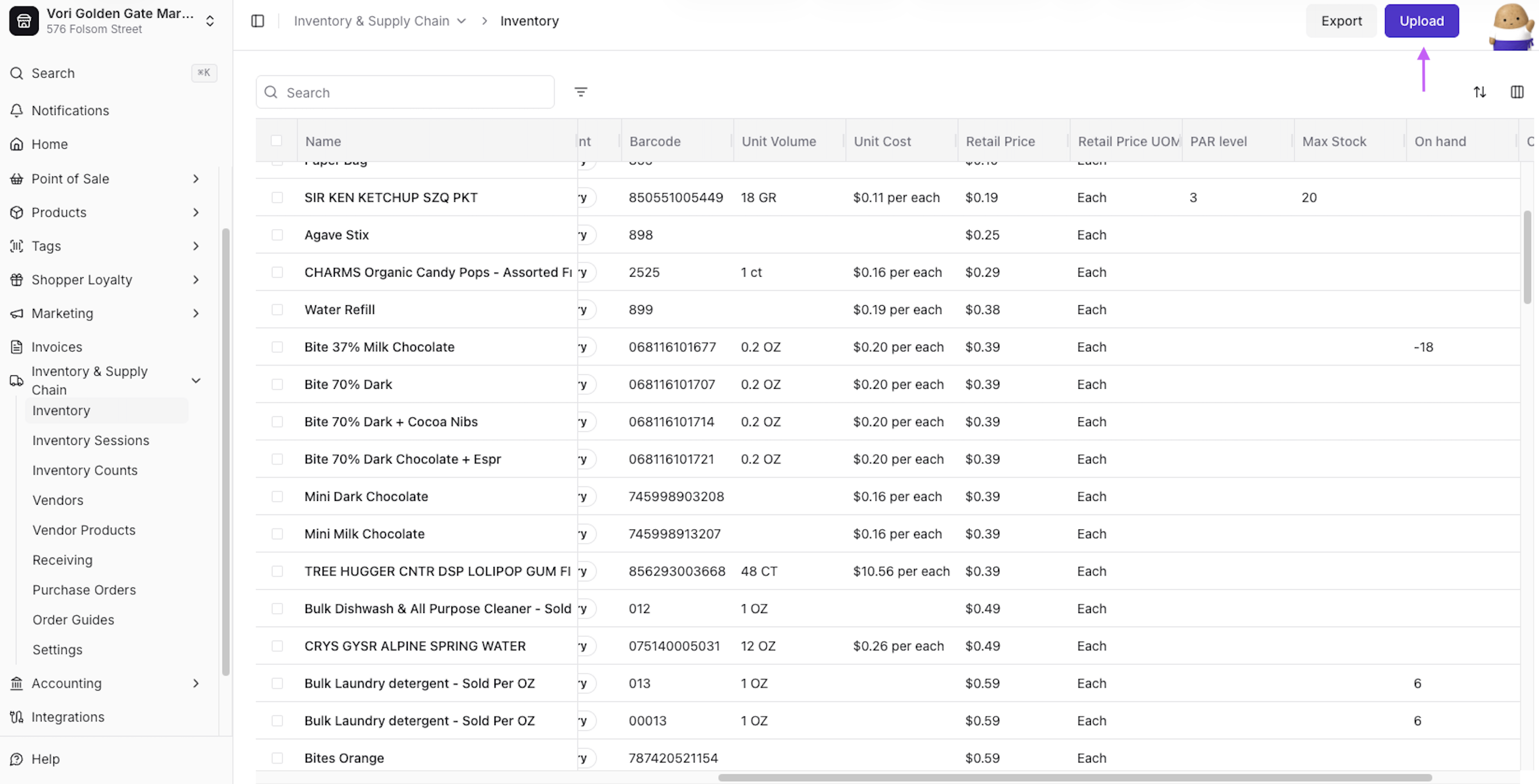 Inventory page for Golden Gate Market with the Upload button highlighted in the top-right corner