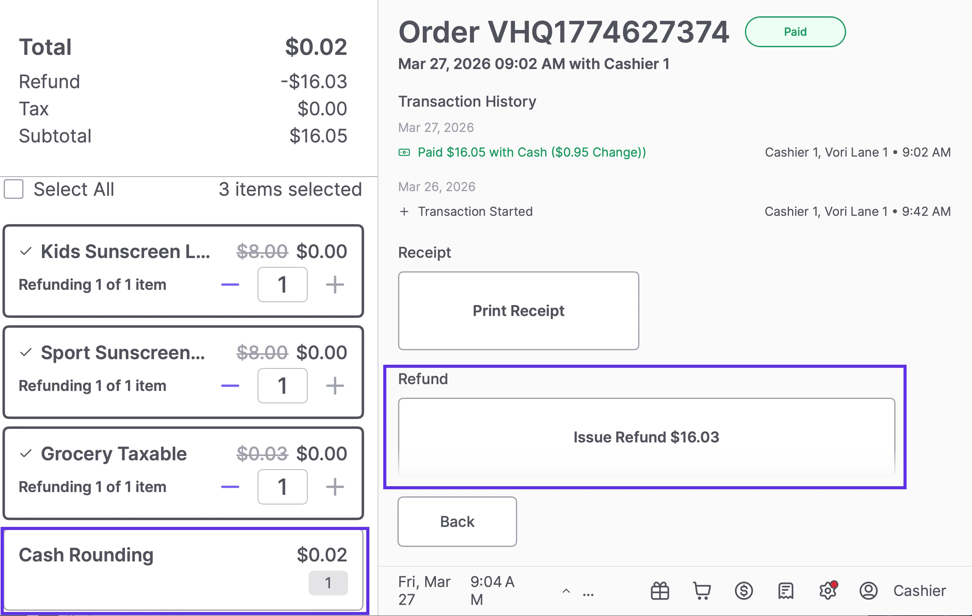 POS refund screen with three items selected and the Cash Rounding line item unchecked, showing an Issue Refund button for $16.03