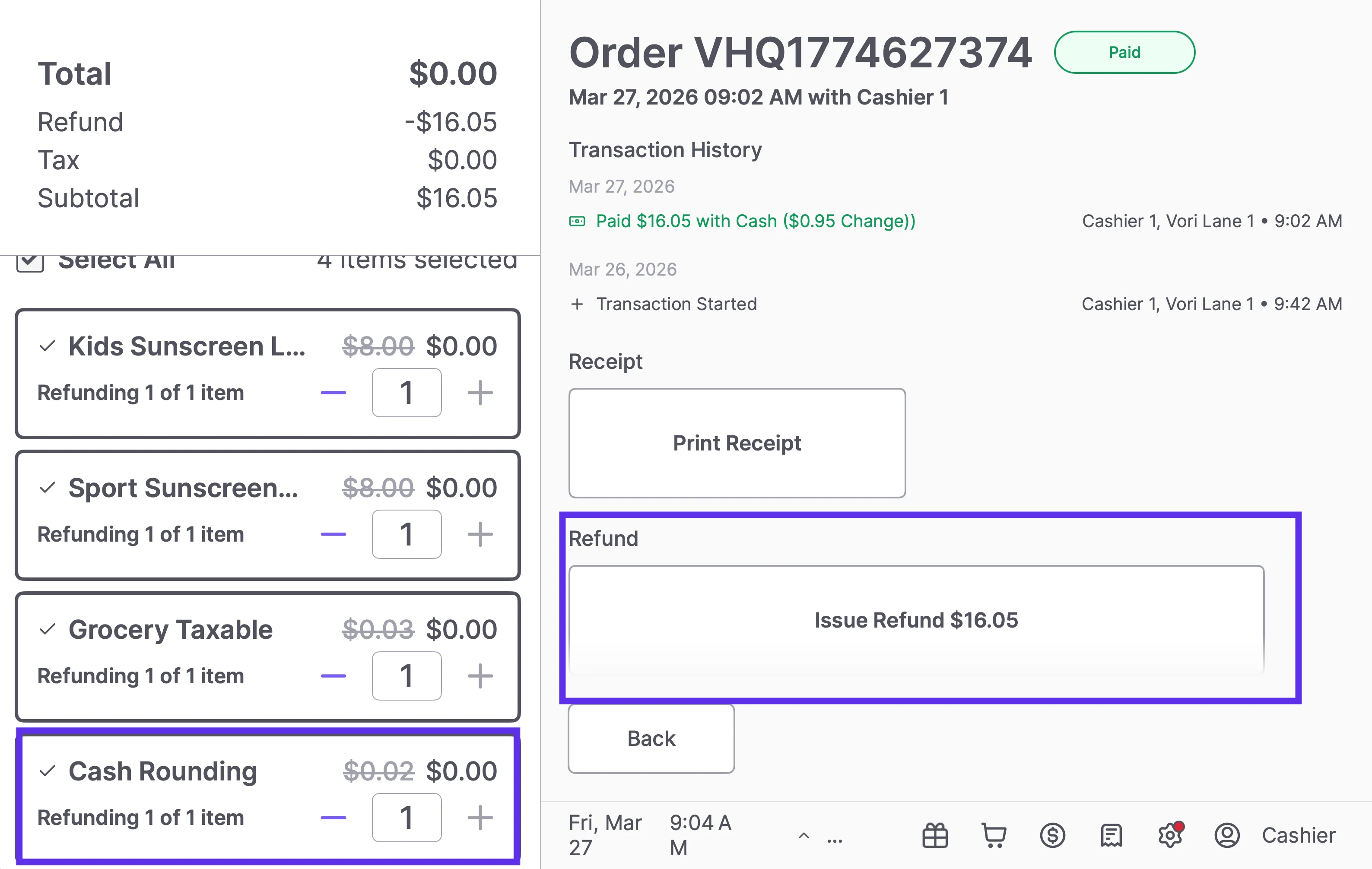 POS refund screen with all four items selected, including the Cash Rounding line item, showing an Issue Refund button for $16.05