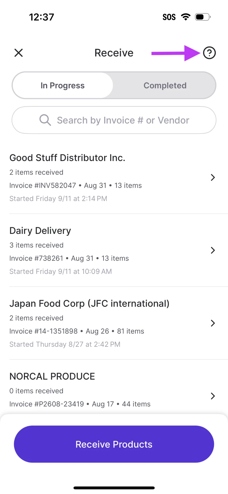 Receive screen with In Progress and Completed tabs, a list of in-progress vendor sessions, a Receive Products button, and an arrow pointing to the help icon in the top right