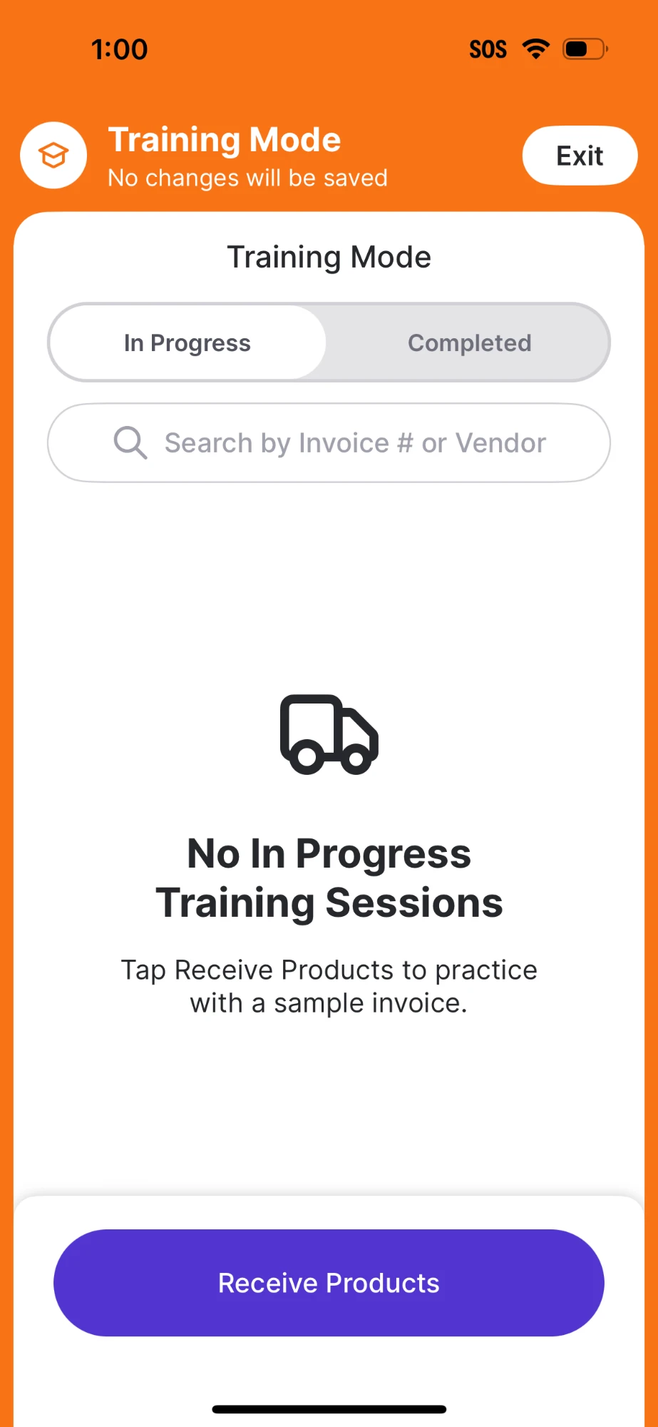 Training Mode screen with an orange No changes will be saved banner, an Exit button, and a No In Progress Training Sessions empty state prompting you to tap Receive Products to practice with a sample invoice